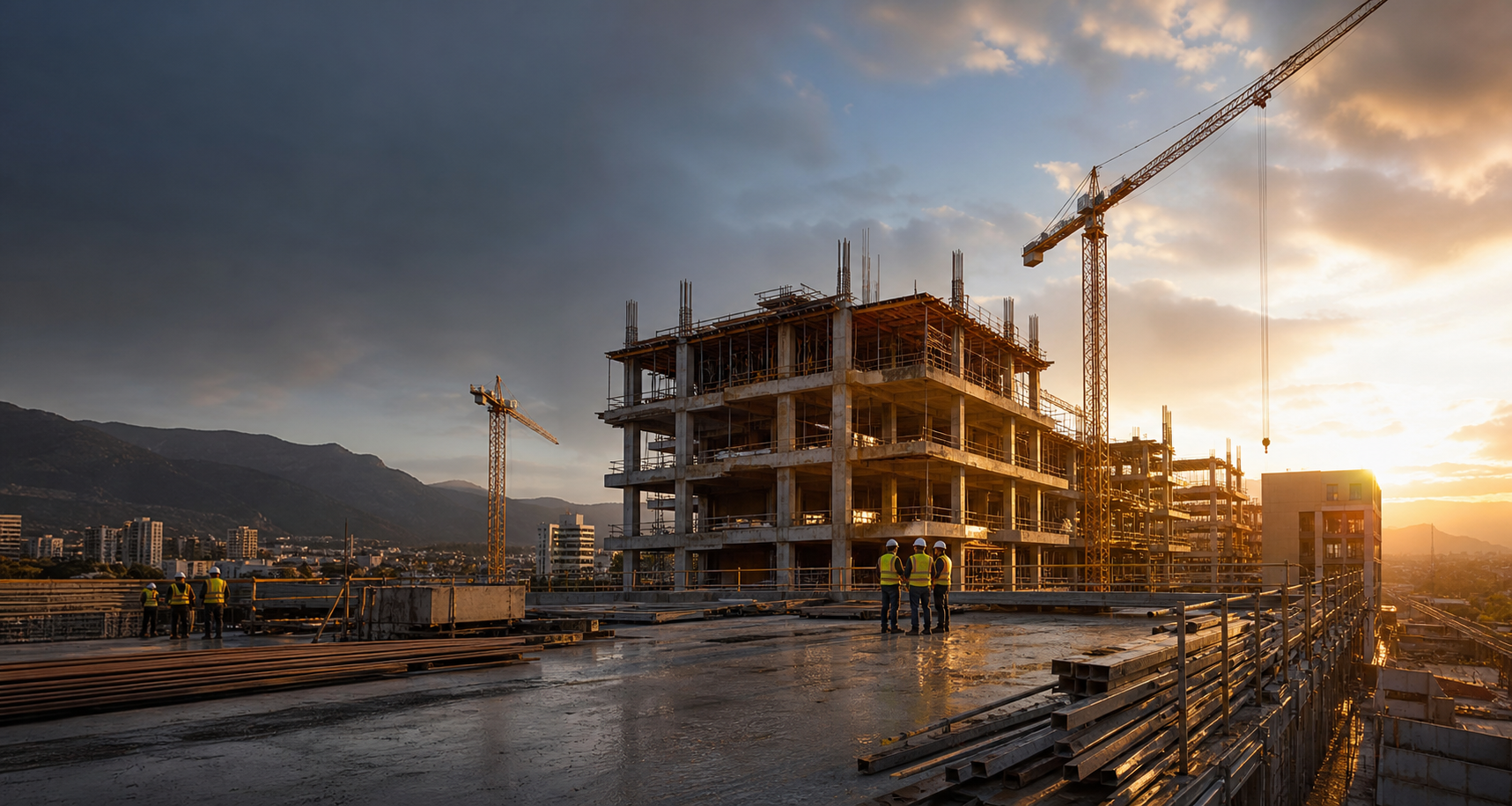 Organised construction site at golden hour